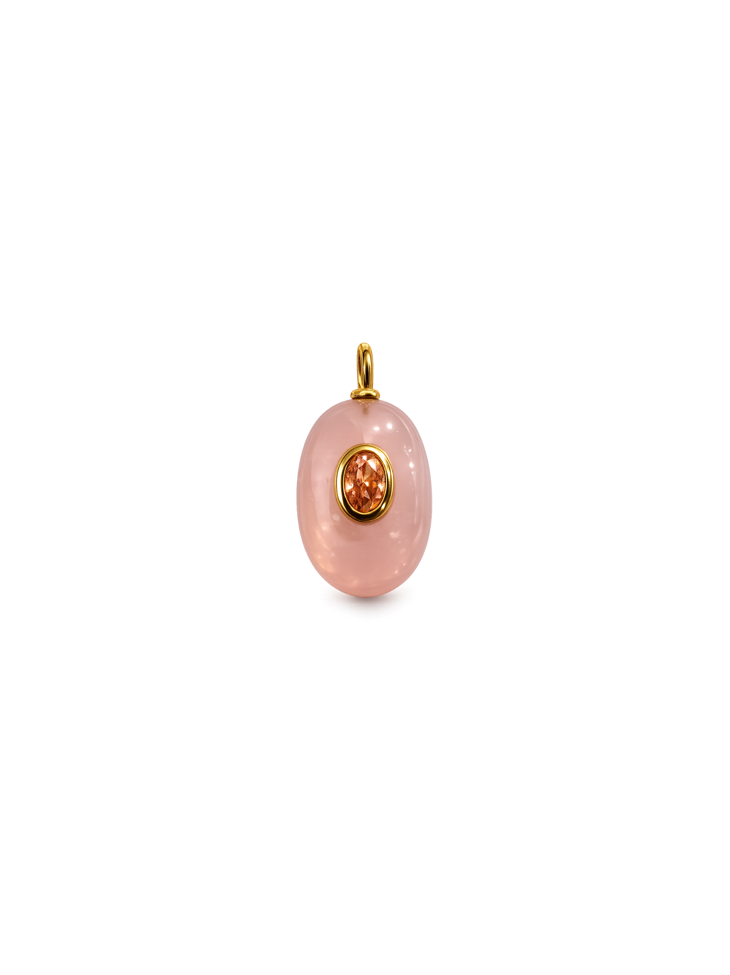 Rose quartz pendant charm and yellow-gold Solene necklace shown as interchangeable separates on white.