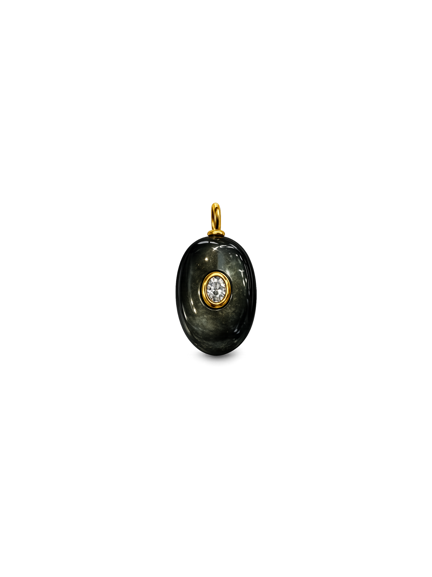 Obsidian pendant charm and yellow-gold sculptural necklace shown as interchangeable separates on white.