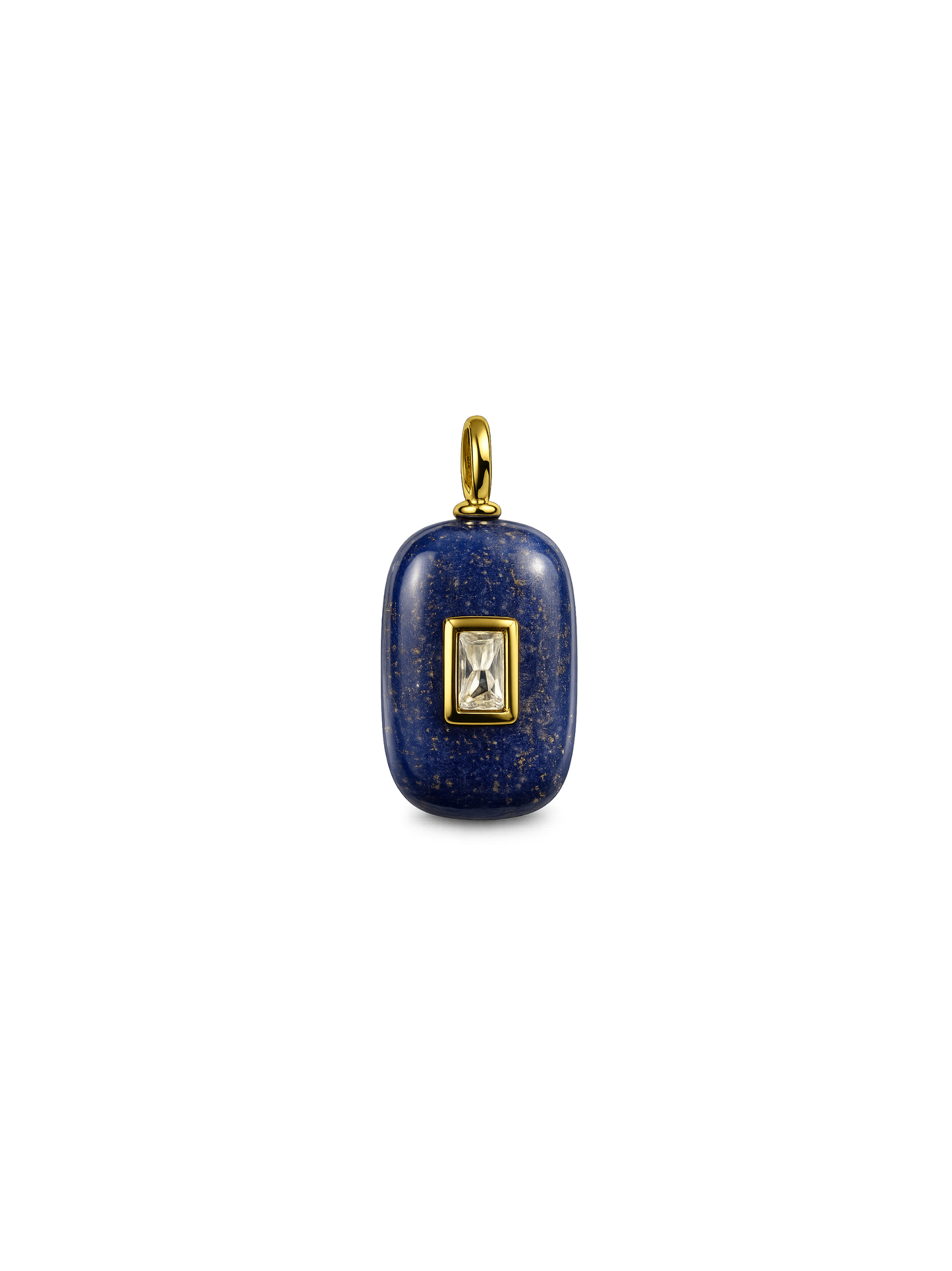 Lapis lazuli pendant charm and yellow-gold sculptural necklace shown as interchangeable separates on white.