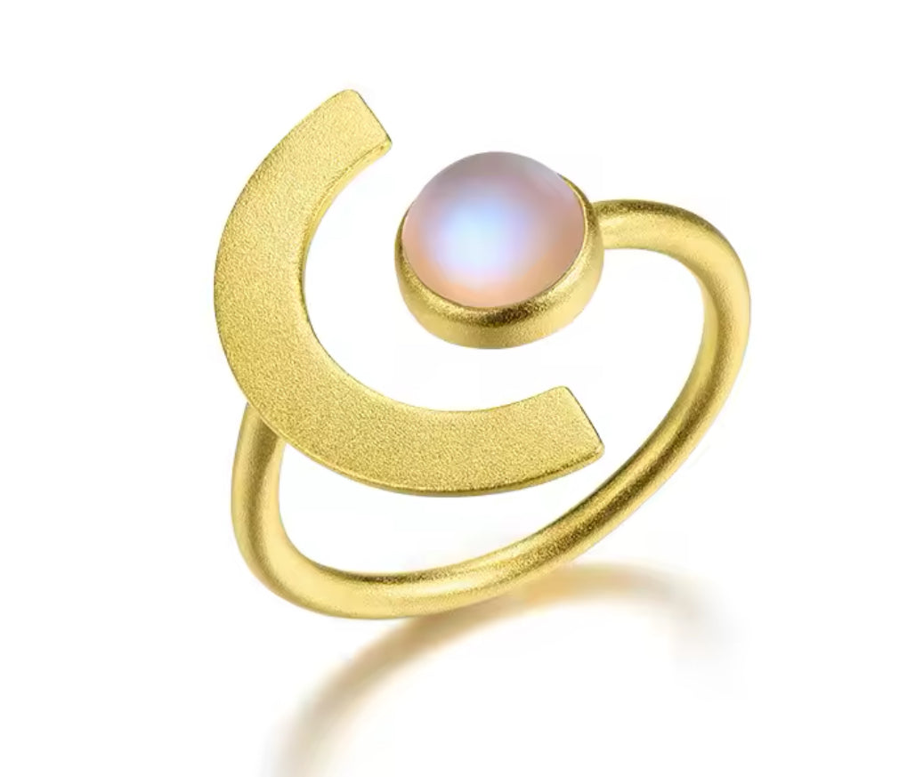 Crescent Moon and Stone Adjustable Ring