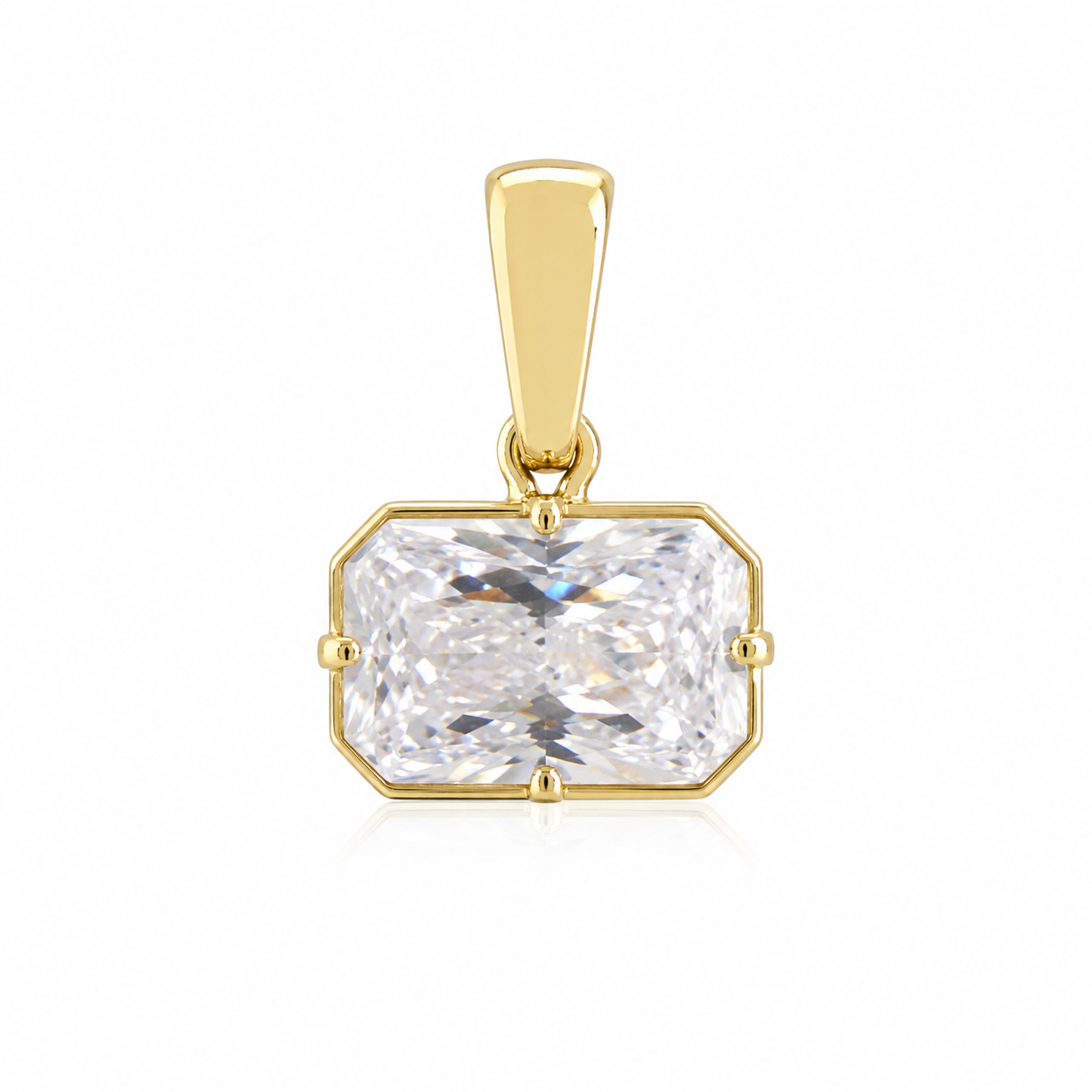 Wide clear brilliant emerald-cut pendant in a polished yellow-gold setting, shown without a chain.
