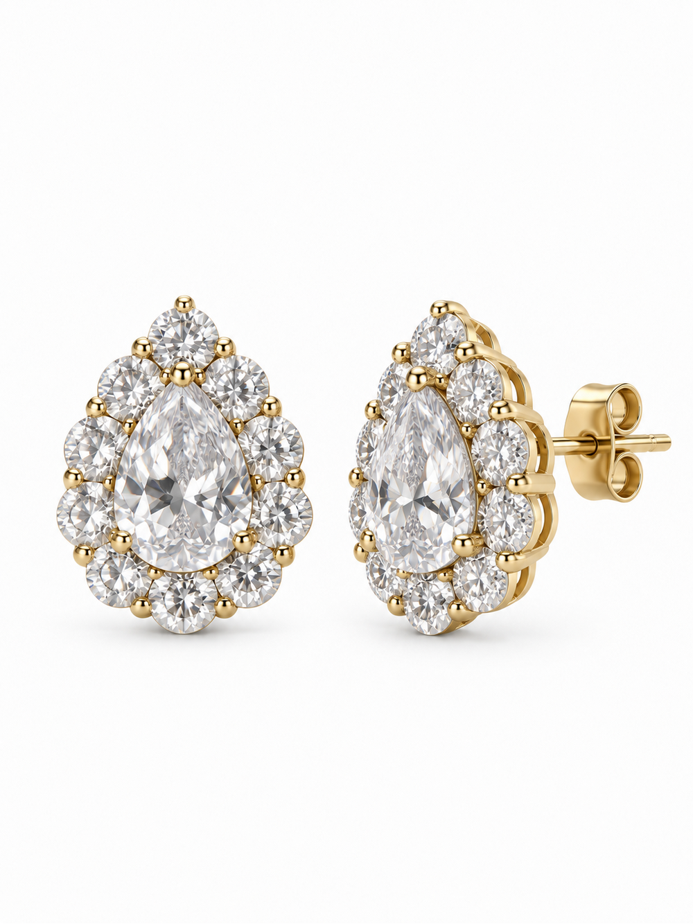 Aurelia statement studs showing the pear-shaped front, raised gold basket, straight post and butterfly back
