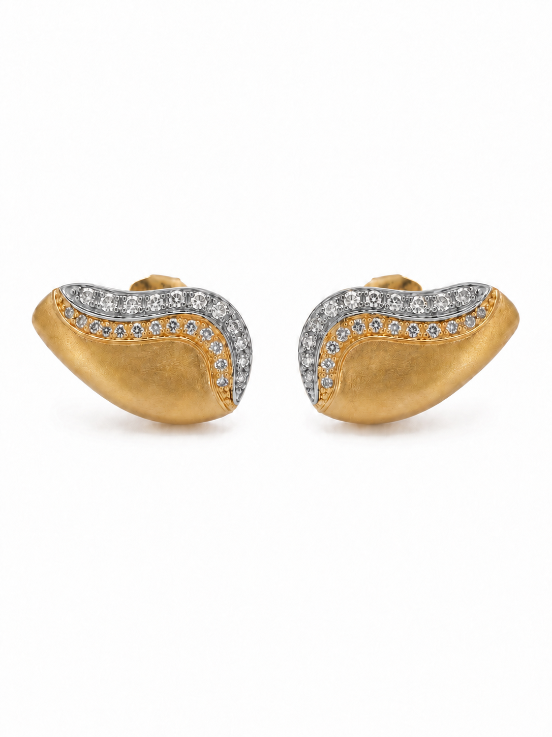 Pair of Double Wave Sculptural Ear Grill Studs in matte yellow gold with white-rhodium upper waves and clear pavé stones on a white background