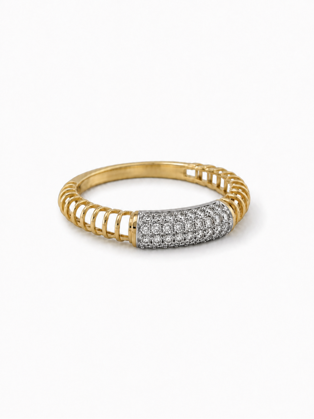 Duo-tone ring with hollow yellow-gold ribbed shoulders and a white-metal pavé top
