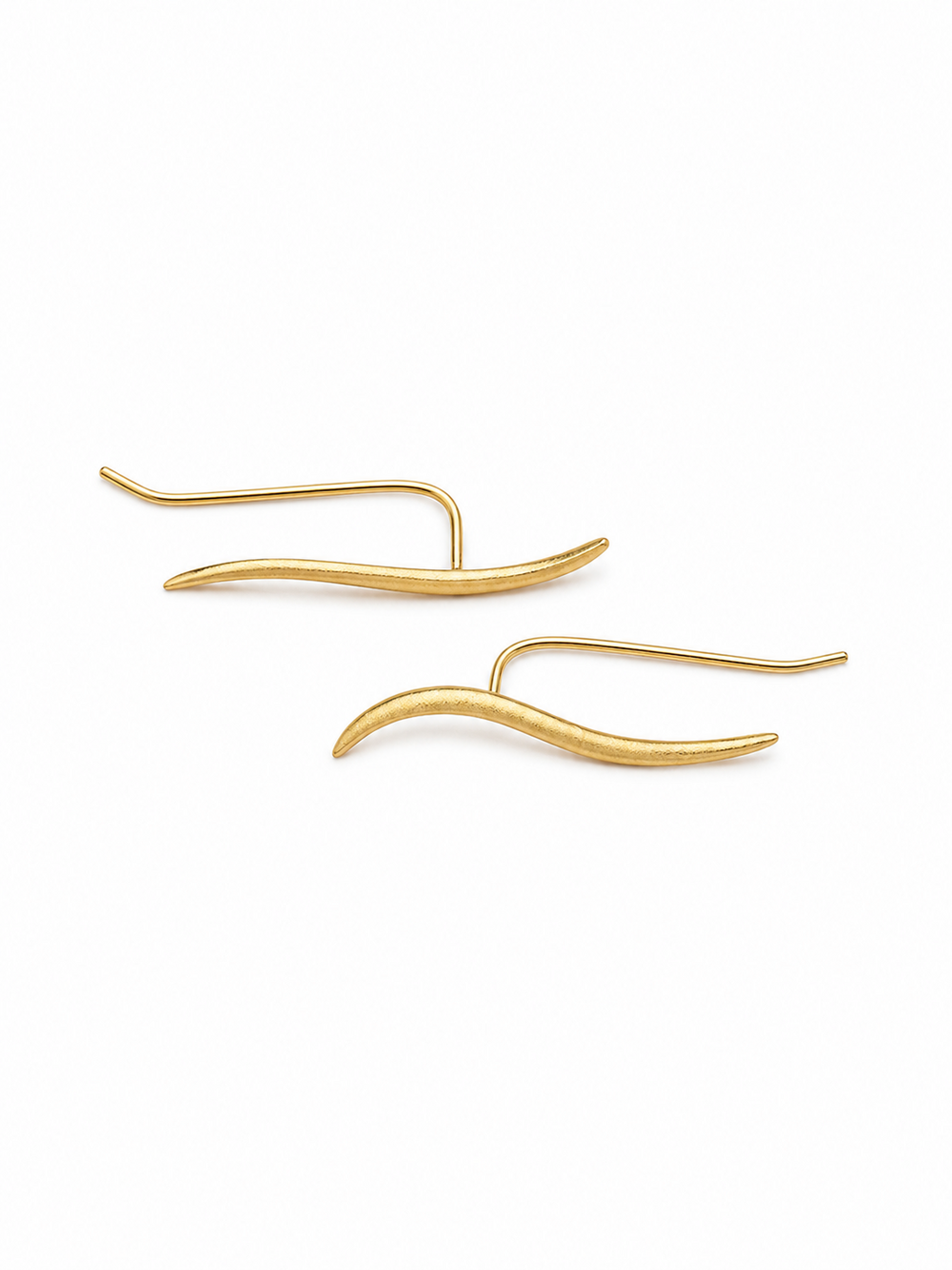 Ecommerce product view of the Face Forward ear climber earrings in 18K yellow gold vermeil, showing the mirrored pair's matte tapered wave fronts, slim polished back wires, U-shaped connections, and lightweight thread-through construction on a pure white background.