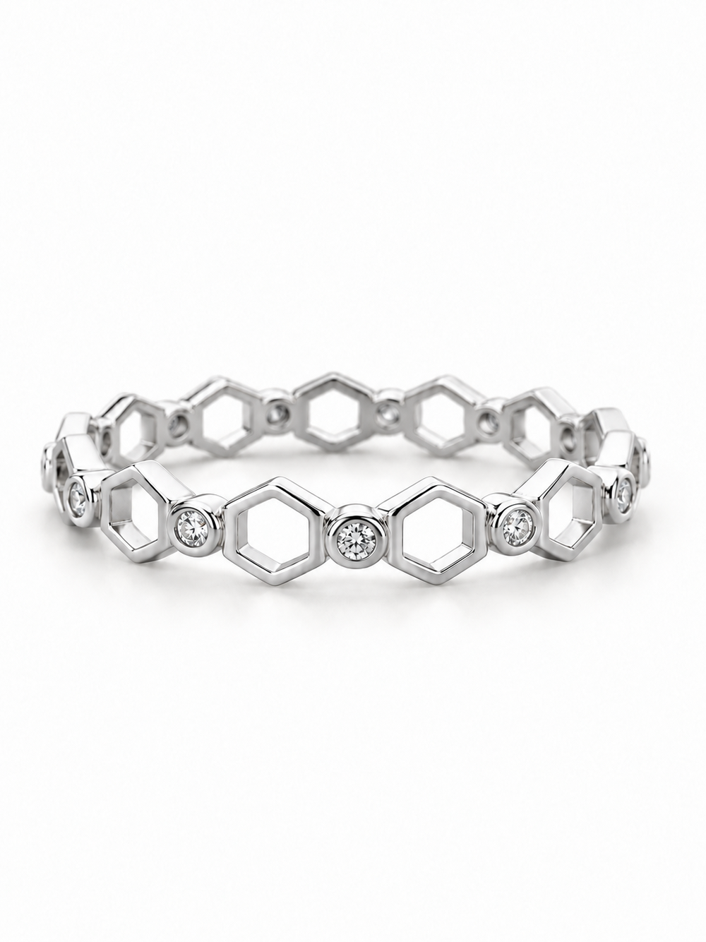 Hexagon Orbit Bezel Stacker Ring in white gold, horizontal front three-quarter view
