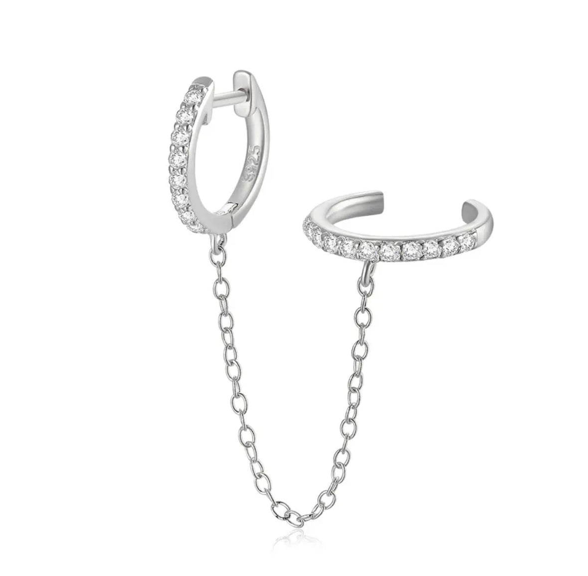 Pave huggie and pave earcuff connected with a simple chain made with sterling sivler