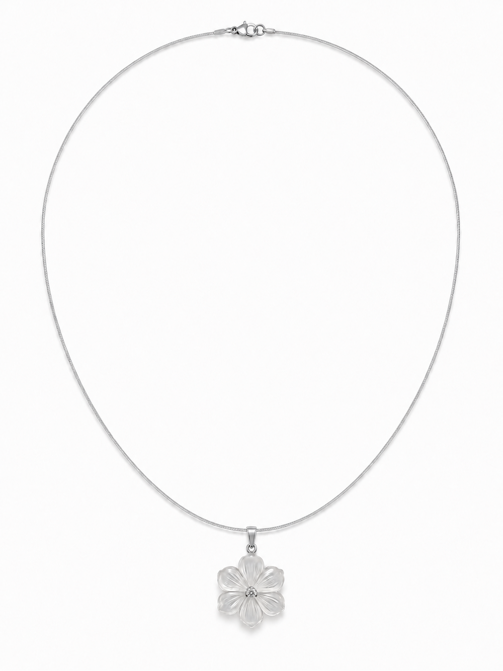 Lilli six-petal translucent carved flower pendant on a fine white-gold necklace