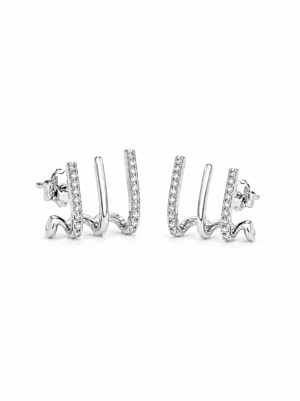 Line Break pavé ear jacket earrings in white gold with alternating polished and clear-stone bars