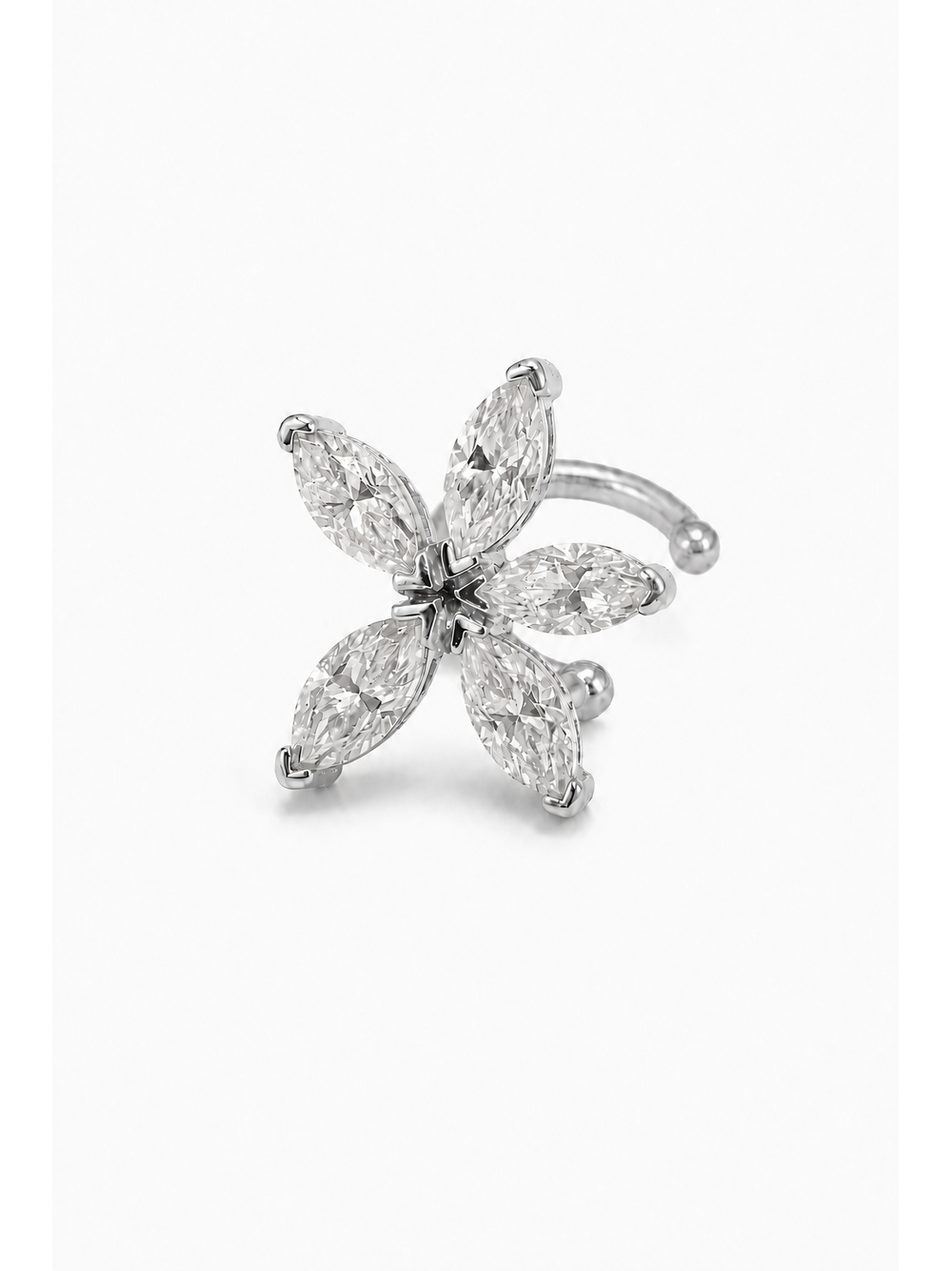 Single white gold vermeil ear cuff with five marquise moissanites arranged as a flower