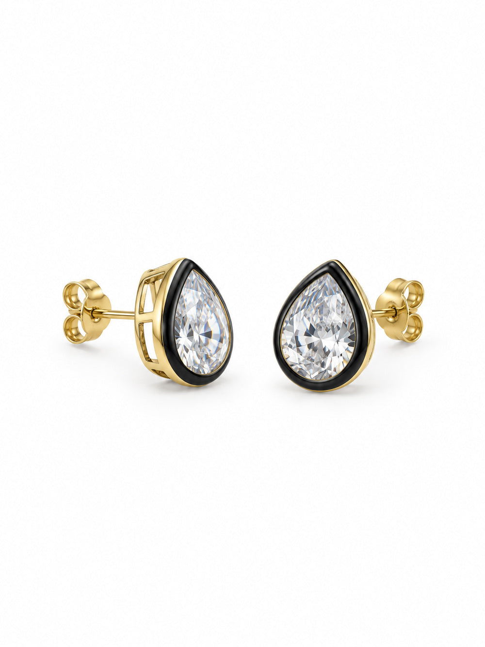 Three-quarter side view of pear cubic zirconia studs showing raised black rims, open gold vermeil galleries, posts and butterfly backs