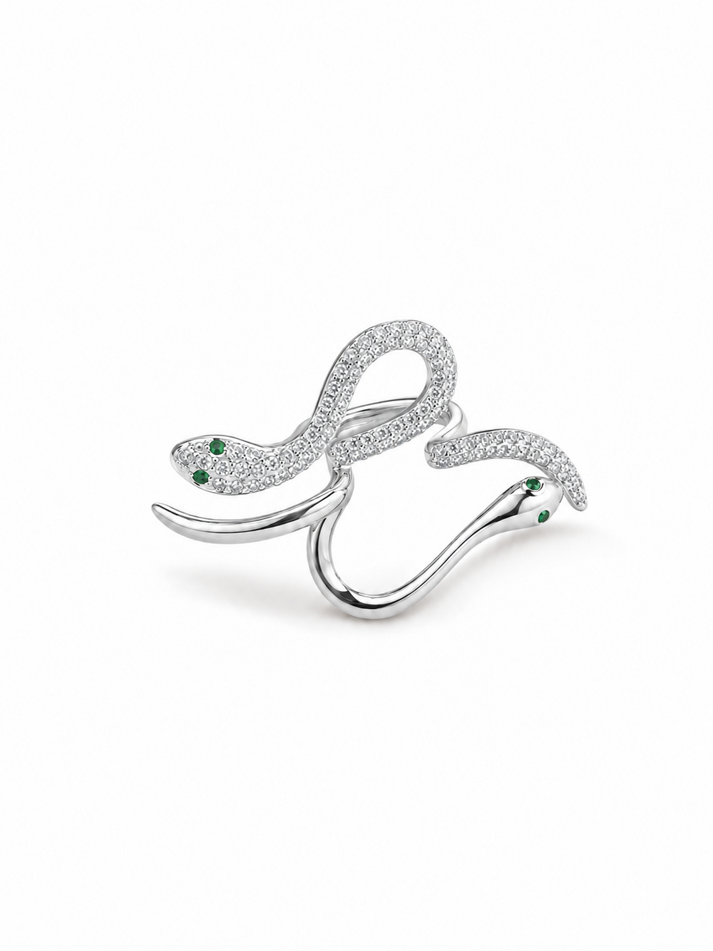 Adjustable double-serpent wrap ring in white gold with one clear pavé serpent, one polished serpent and small green eye details on white.