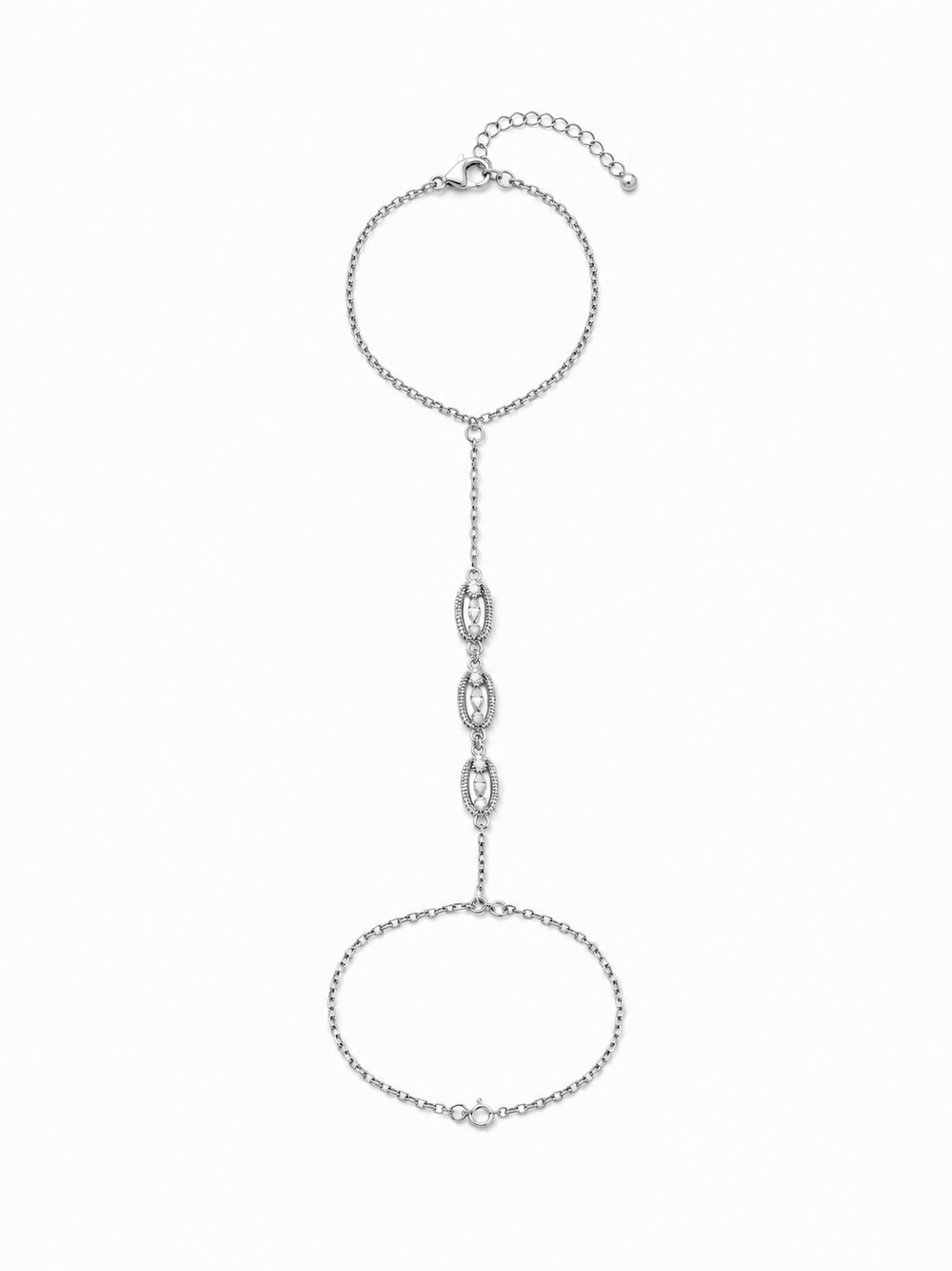 Marquise link hand chain in white gold with an adjustable bracelet wrist section, lobster clasp, extender, and three open stone-set stations on white.