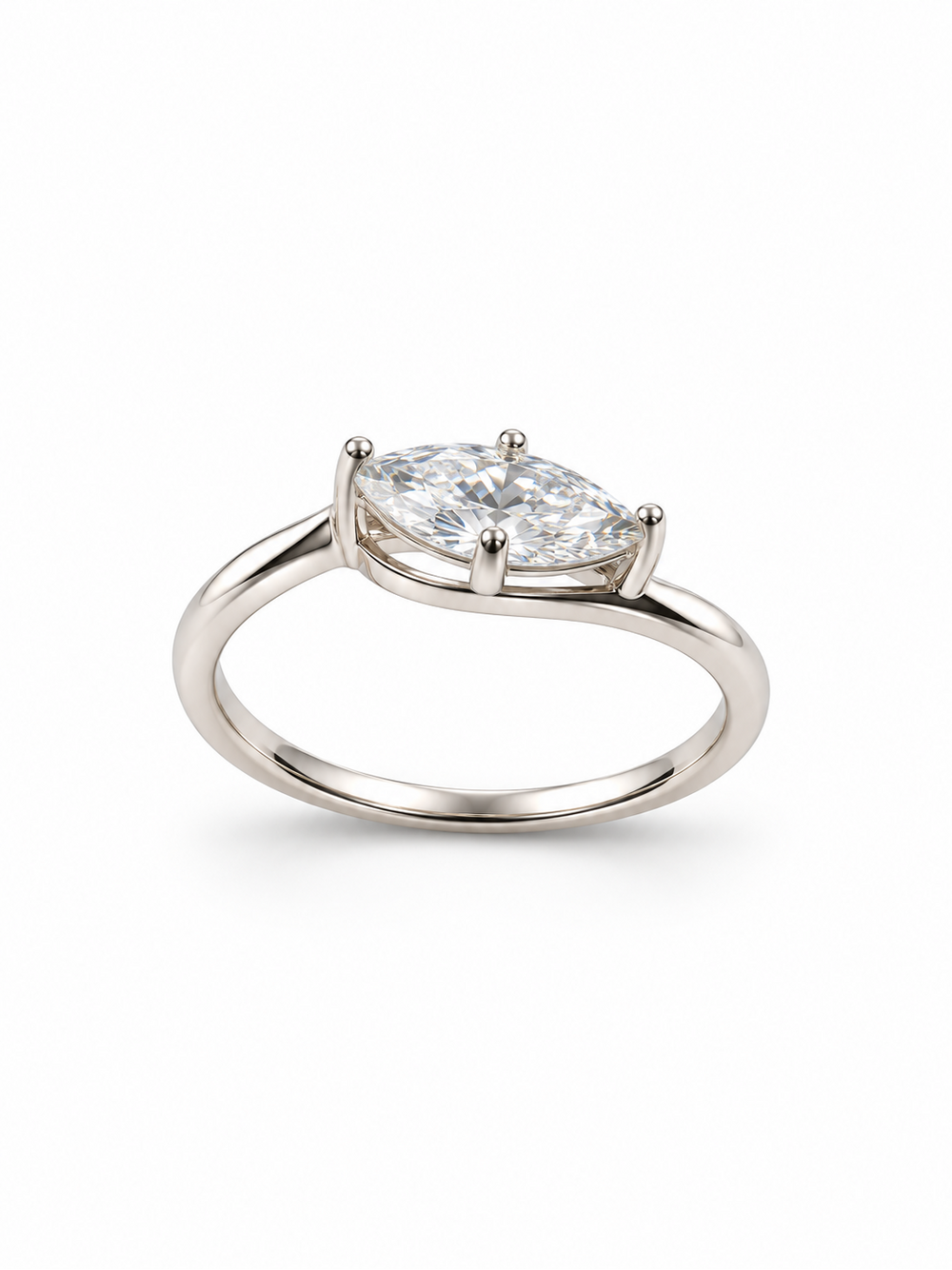 White gold 0.7 carat marquise moissanite solitaire ring with a raised prong setting