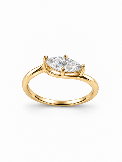 Yellow gold 0.7 carat marquise moissanite solitaire ring with a raised prong setting