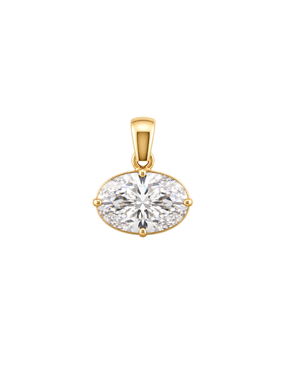 Yellow-gold Solene sculptural necklace with Miro east-west radiant pendant laid flat on white.