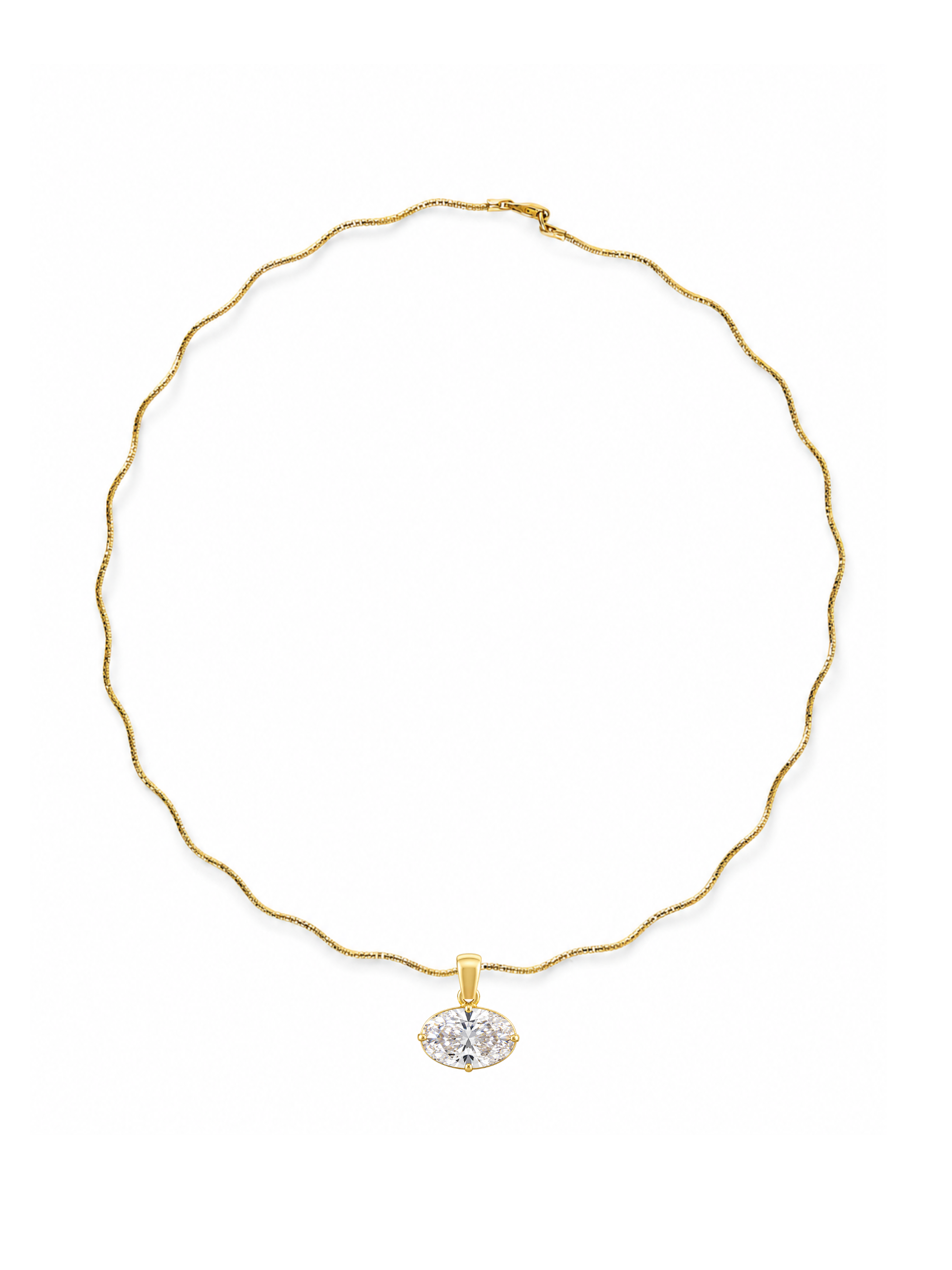 Miro clear east-west radiant pendant with yellow-gold bail and setting, shown on white.