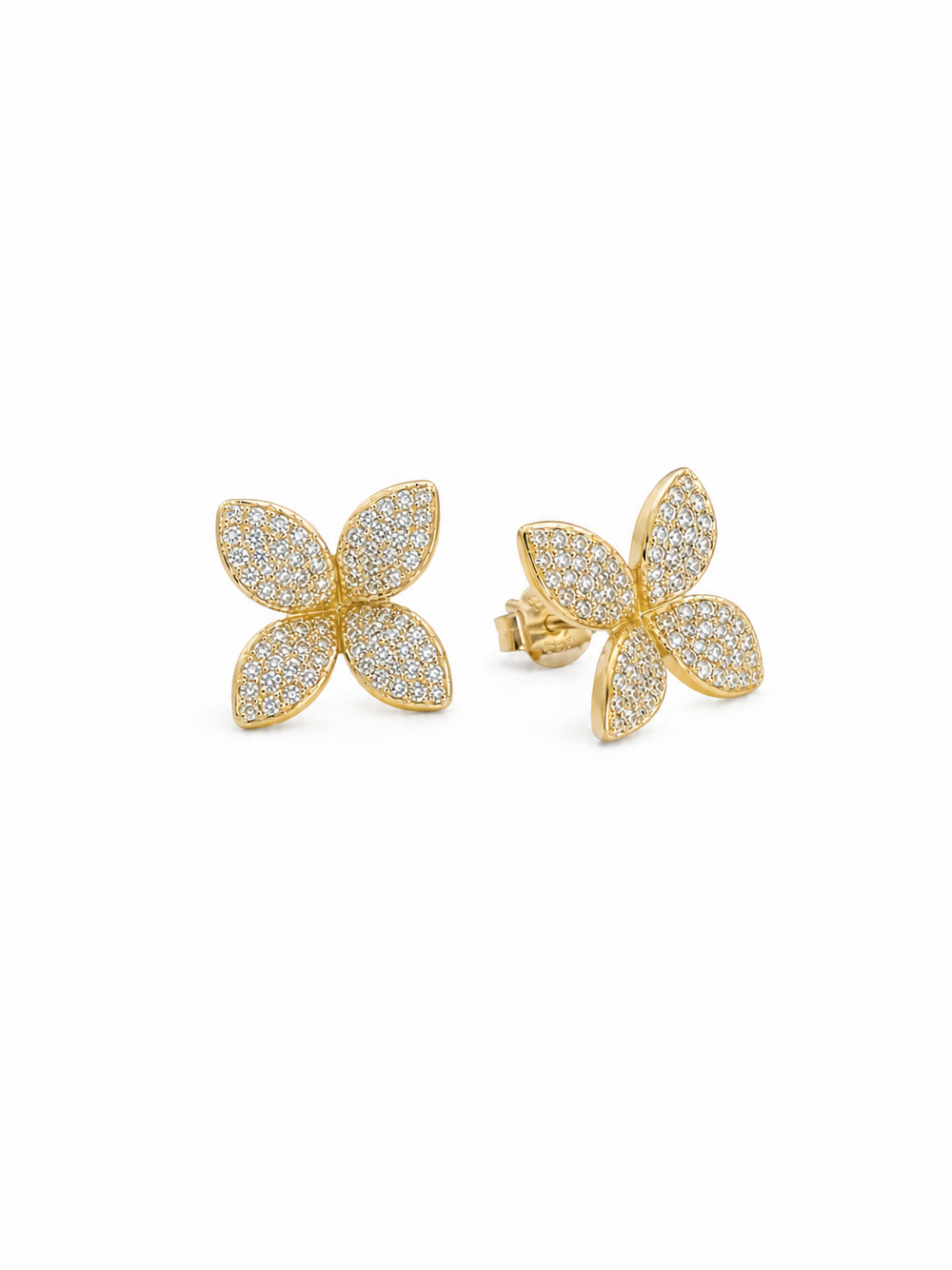 Ecommerce product view of the 3D Four-Petal Pavé Stud Earrings in 18K yellow gold vermeil, showing the pair's lifted marquise-shaped petals, dense white pavé stones, polished gold rims, posts, and butterfly backs on a pure white background.