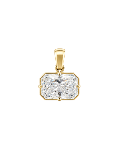 Close view of the Miro east-west radiant pendant and yellow-gold bail.
