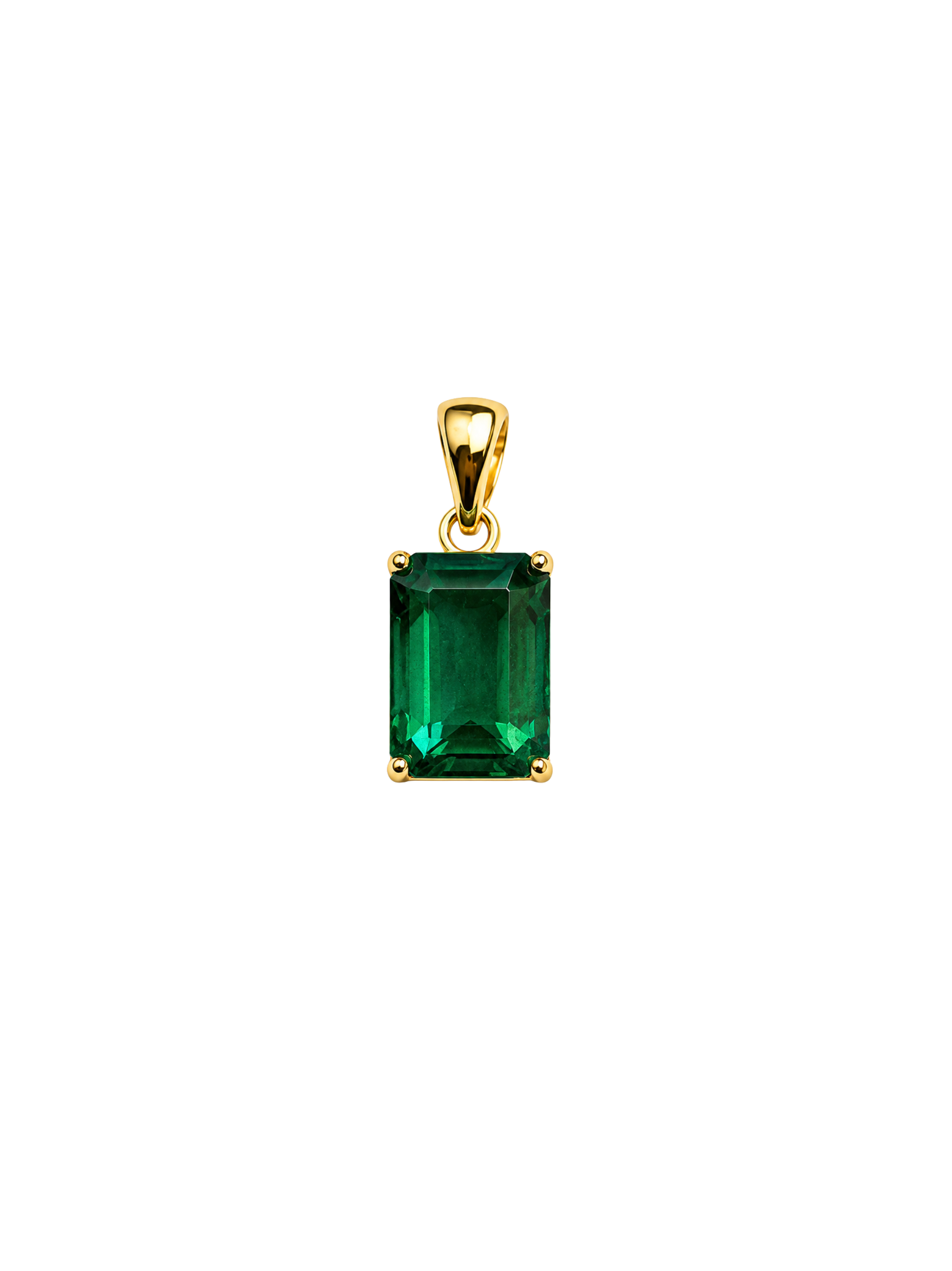 Verda emerald-green pendant with yellow-gold bail and four-prong setting, shown on white.