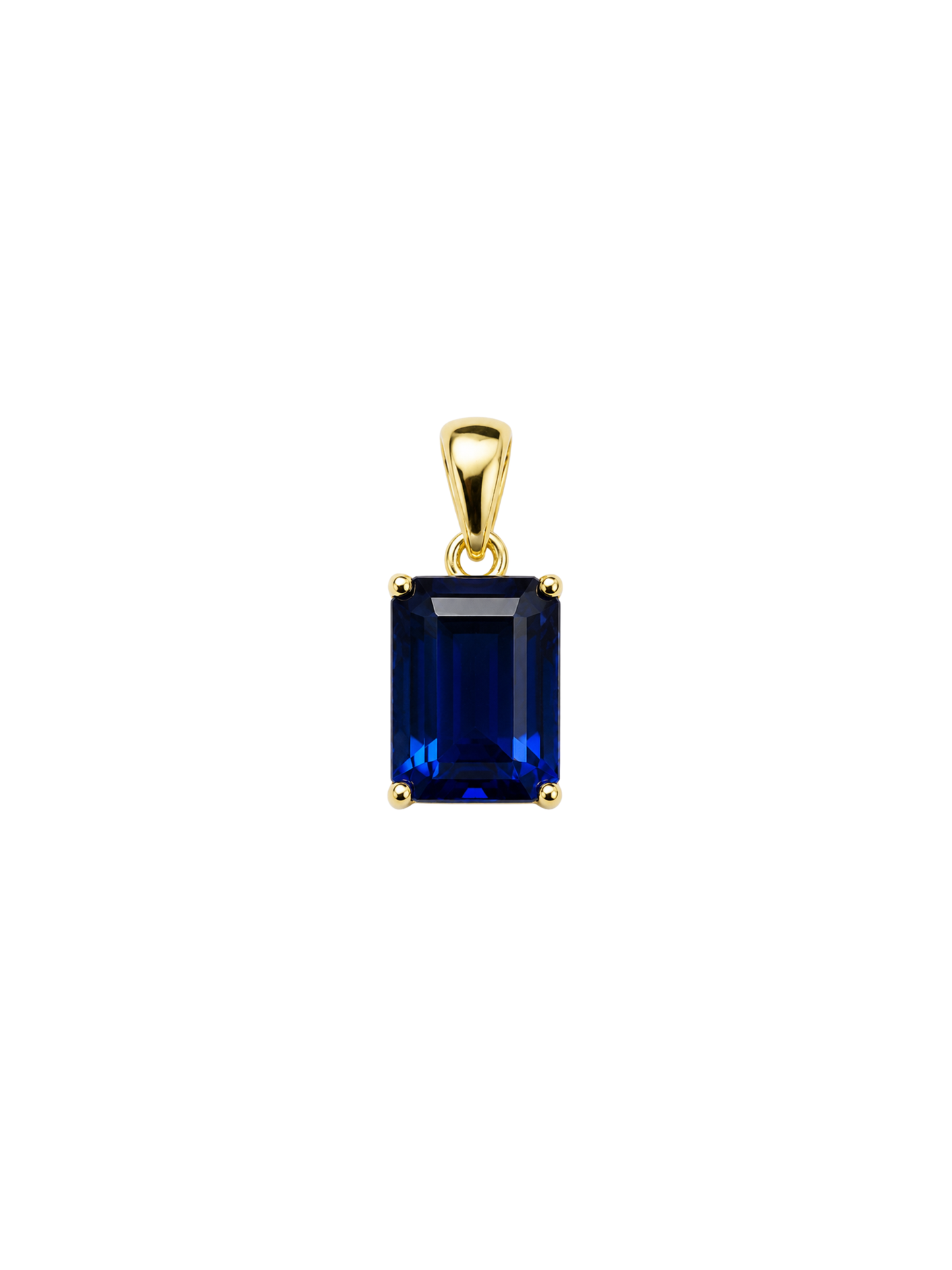Azra sapphire-blue pendant with yellow-gold bail and four-prong setting, shown on white.