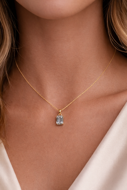 Sapphira Emerald Deco Cut Stone Pendant on Chain