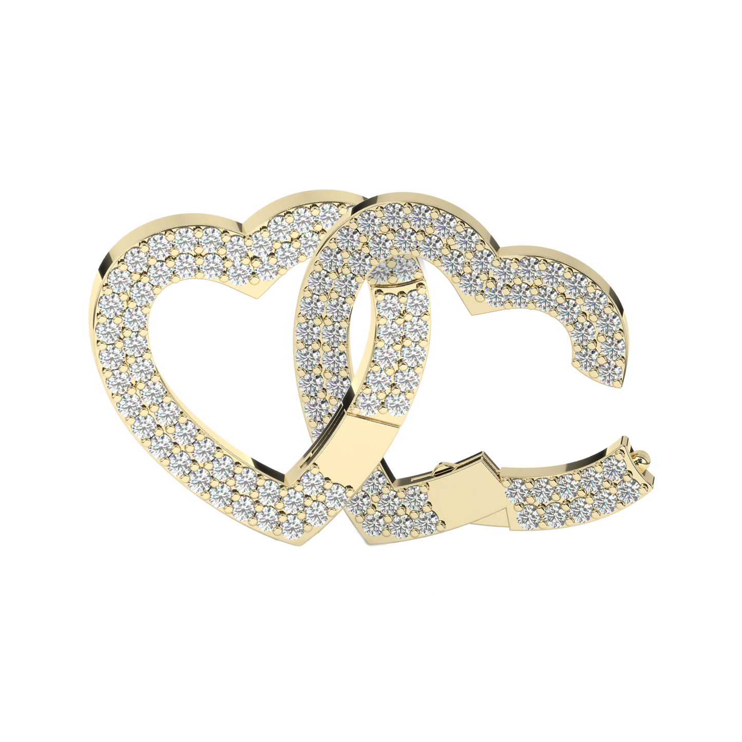 Close-up view of two interlocked gold heart charms encrusted with sparkling stones. The design features overlapping hearts that create a luxurious, radiant look, perfect for a bracelet or necklace charm.