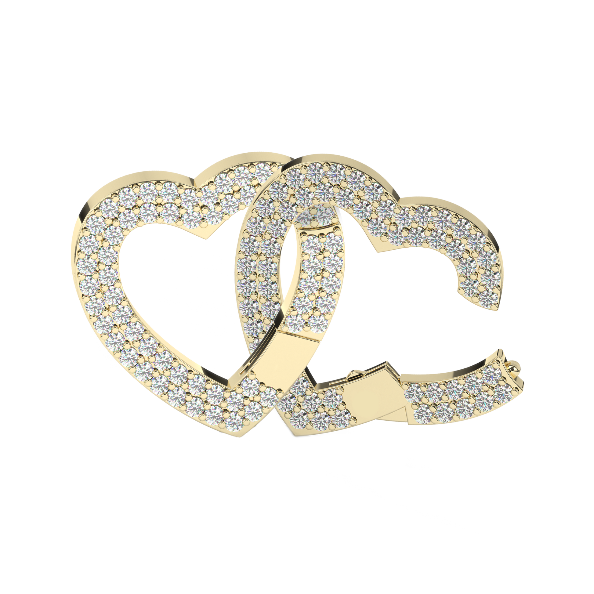 Close-up view of two interlocked gold heart charms encrusted with sparkling stones. The design features overlapping hearts that create a luxurious, radiant look, perfect for a bracelet or necklace charm.