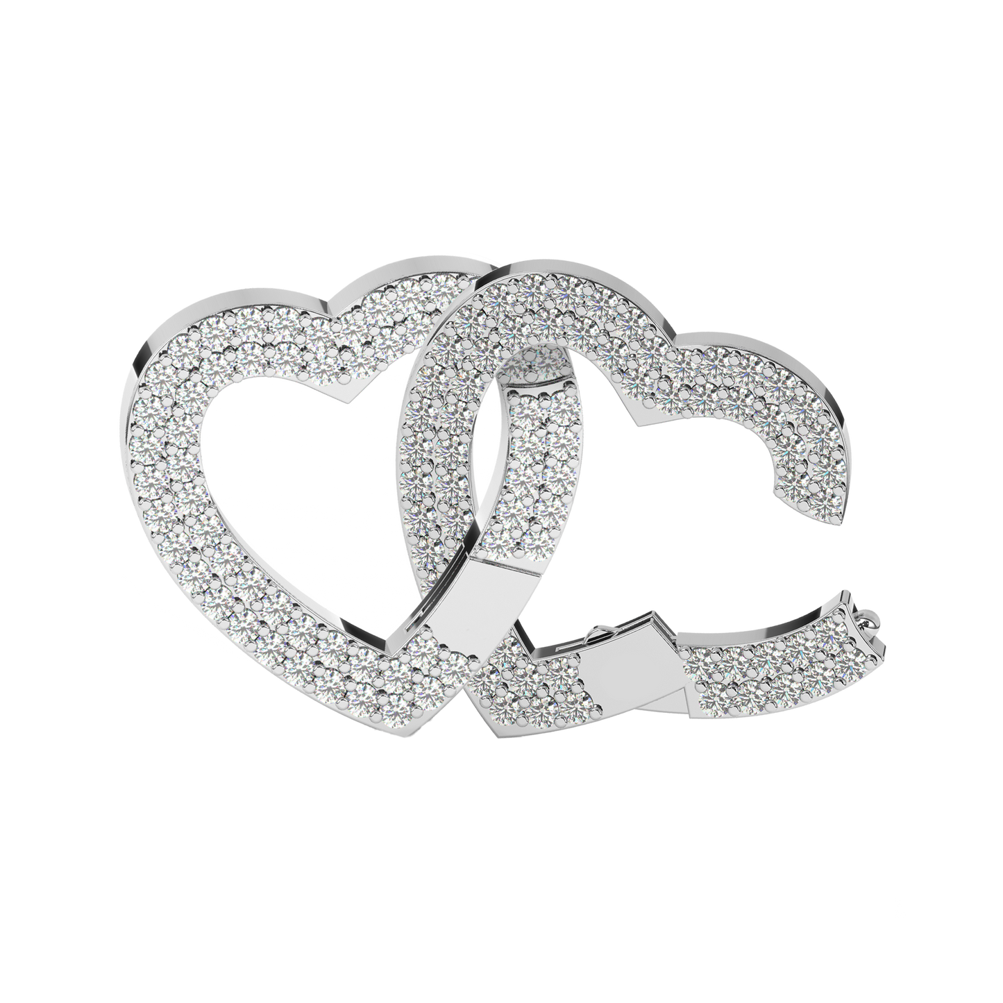 Close-up view of two interlocked silver heart charms encrusted with sparkling stones. The elegant design features overlapping hearts, showcasing a timeless and sparkling silver finish.