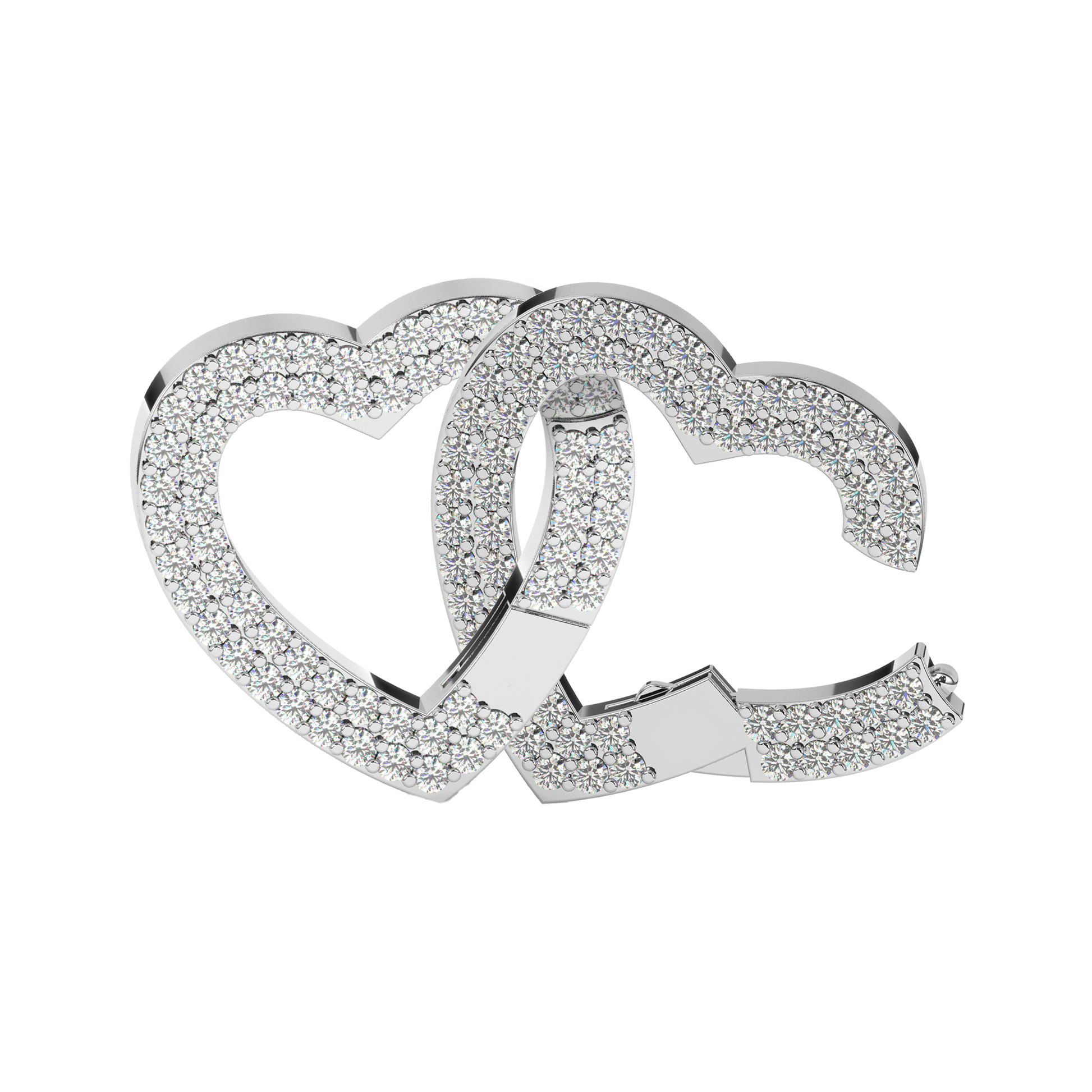 Close-up view of two interlocked silver heart charms encrusted with sparkling stones. The elegant design features overlapping hearts, showcasing a timeless and sparkling silver finish.