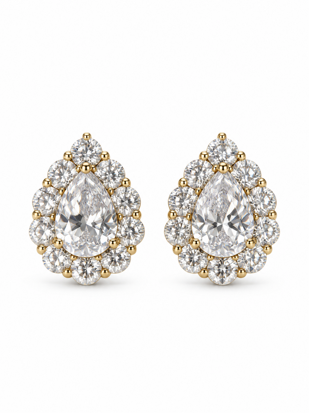 Aurelia yellow gold statement stud earrings with pear-cut cubic zirconia centers and round stone halos