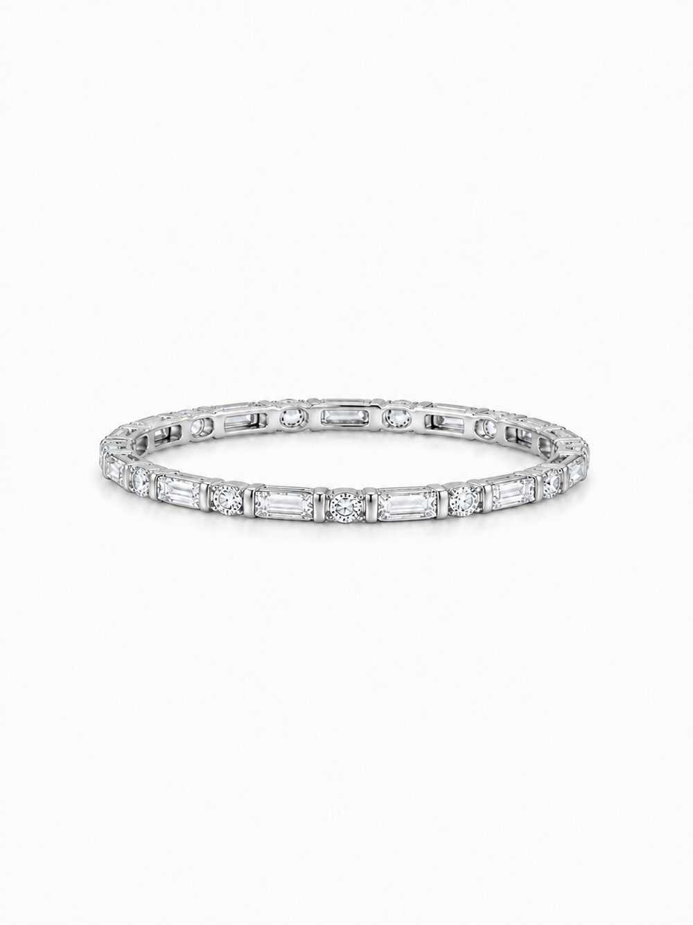 Horizontal white gold full eternity ring with alternating clear baguette and round stones