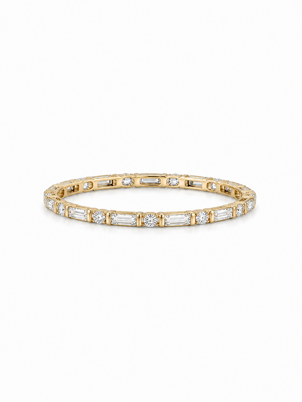 Horizontal yellow gold full eternity ring with alternating clear baguette and round stones