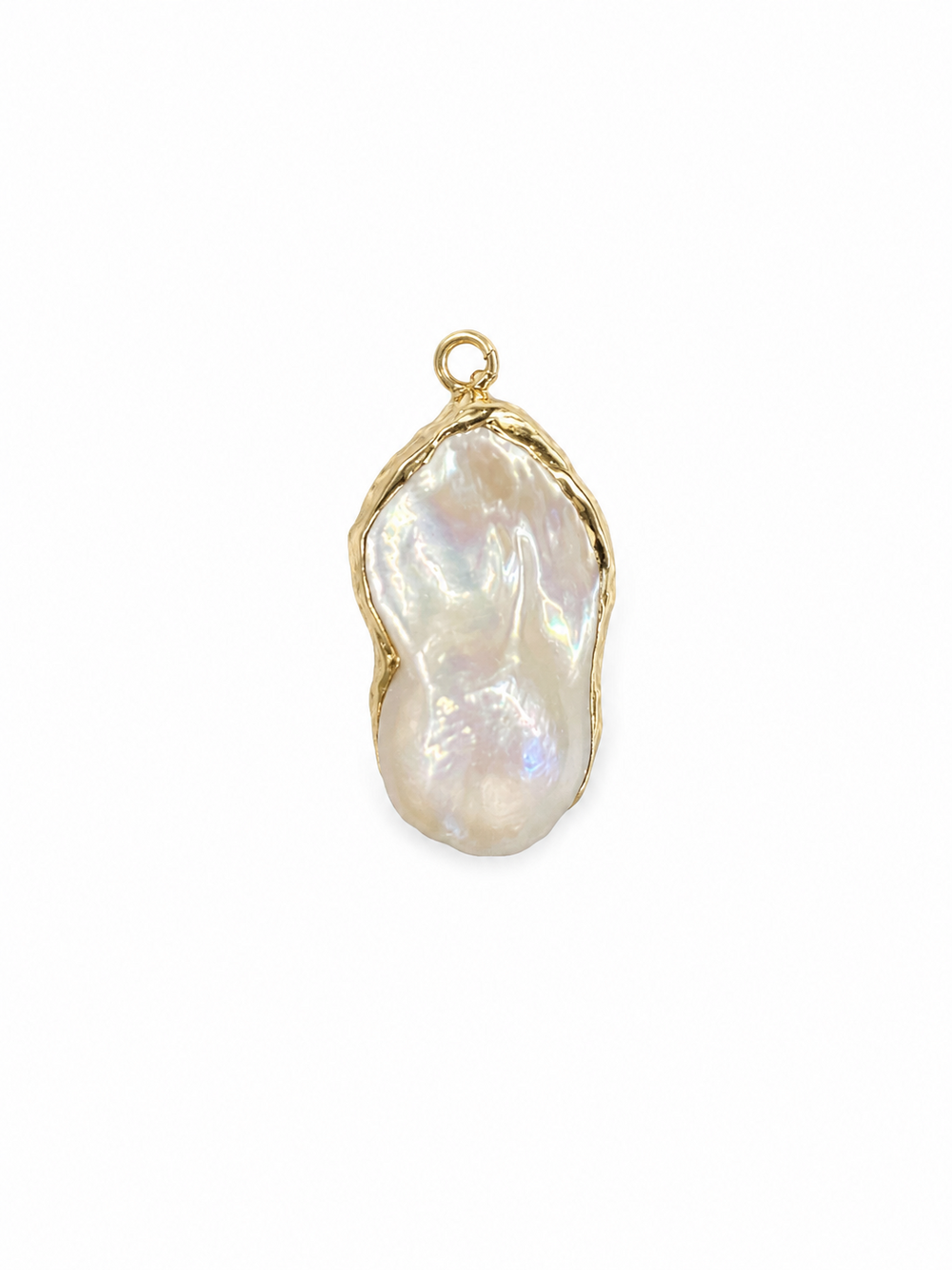 Irregular freshwater baroque pearl pendant with a slim gold-coated brass exterior, shown without a necklace on white.
