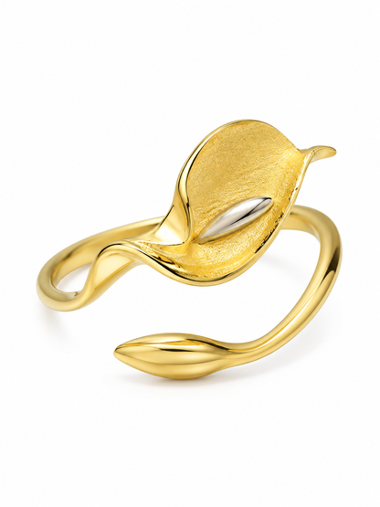 Ecommerce product view of the Calla Me Maybe adjustable sculptural ring in 18K yellow gold vermeil, showing its matte calla lily flower, polished central detail, open wrap band, and pointed bud-shaped end on a pure white background.