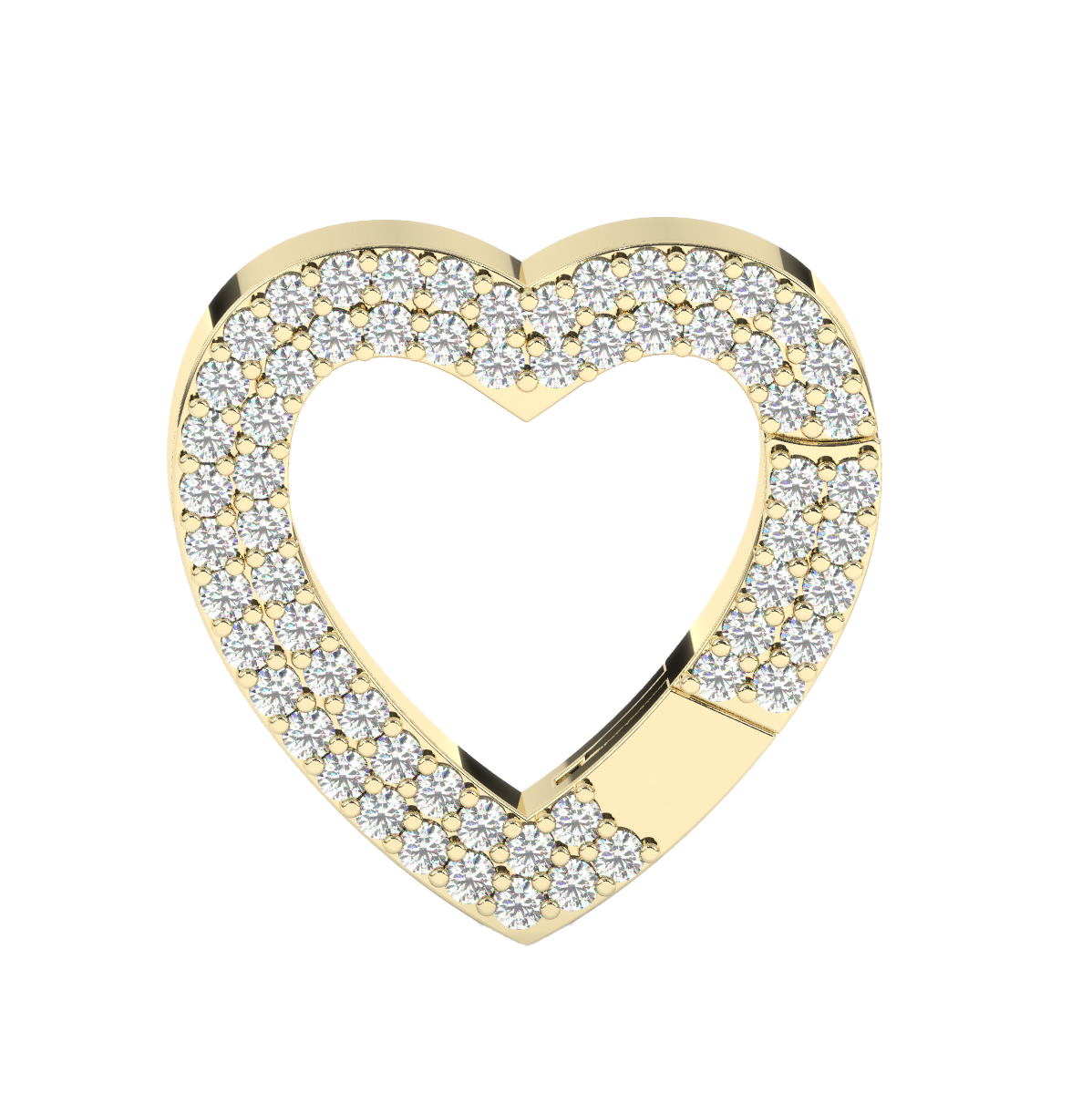 Close-up view of a single gold heart charm encrusted with moissanite stones, showcasing a luxurious and complete design in a heart shape.