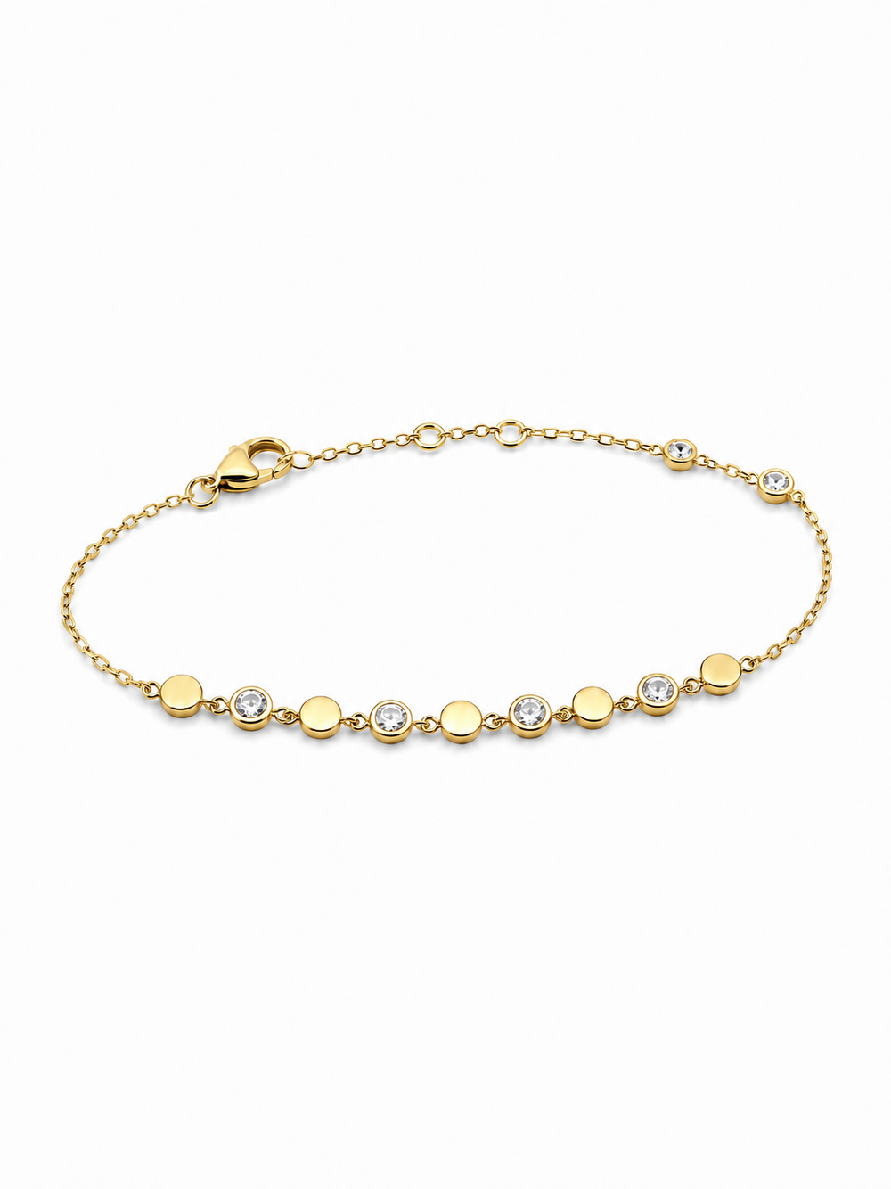 Yellow gold bracelet with alternating polished discs and clear bezel-set stones on a white background.