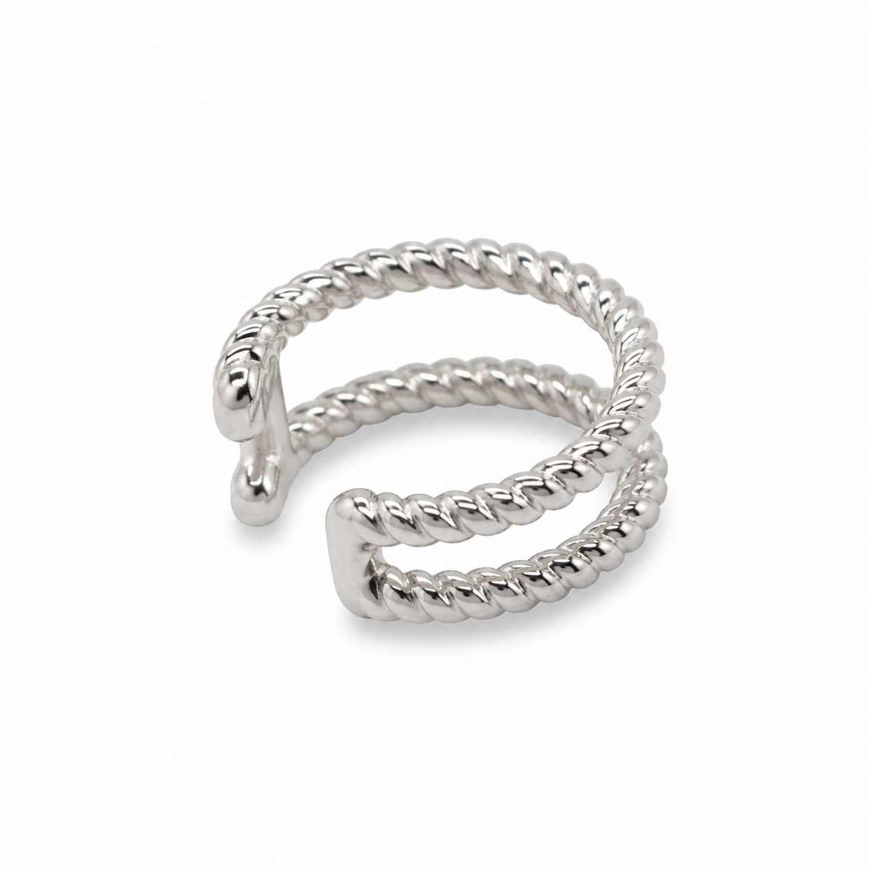 White gold double rope ear cuff, diagonal view showing two connected rope bands