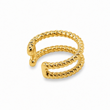 Yellow gold double rope ear cuff, diagonal view showing two connected rope bands