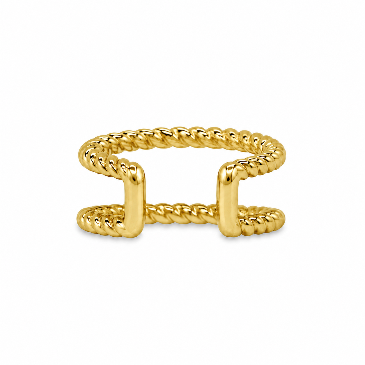 Yellow gold double rope ear cuff, front view showing connected ends