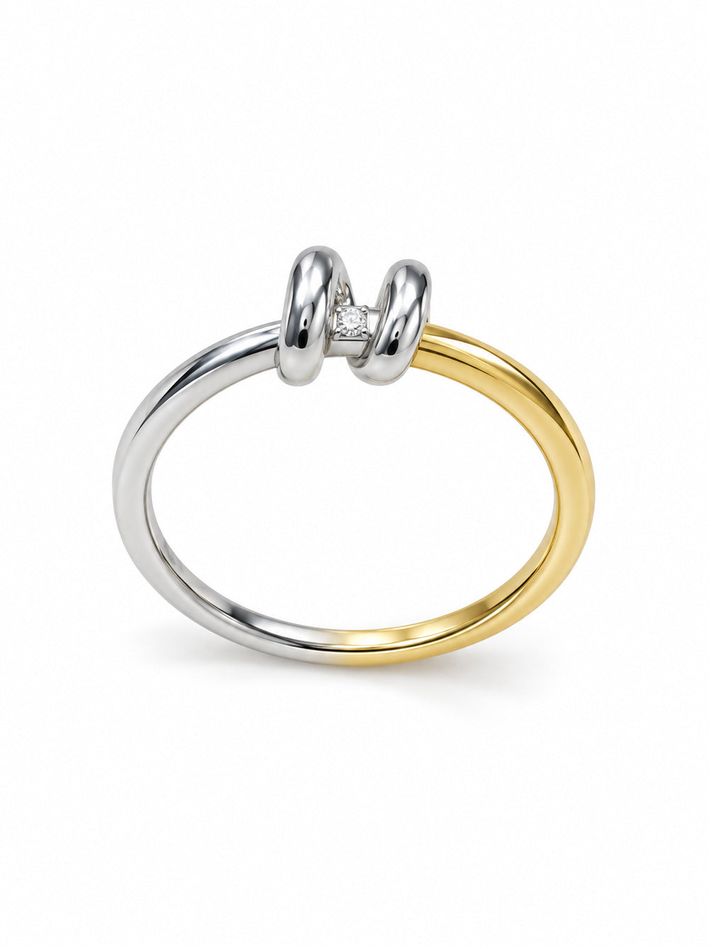 Double Take Duo Ring with overlapping yellow- and white-tone bands, paired sculptural loops and one clear stone
