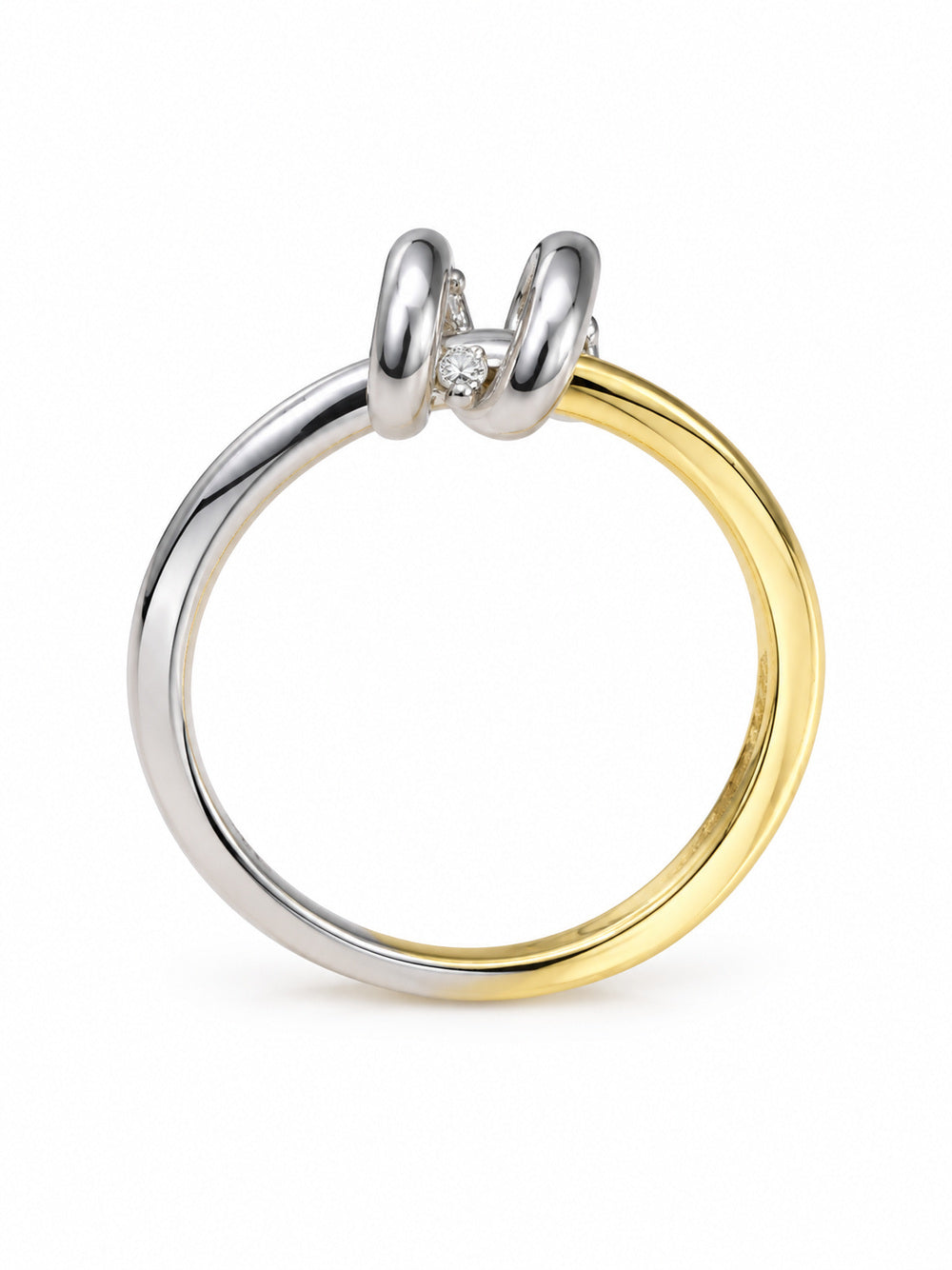 Three-quarter view of the Double Take Duo Ring showing its two-tone overlapping bands and single clear stone