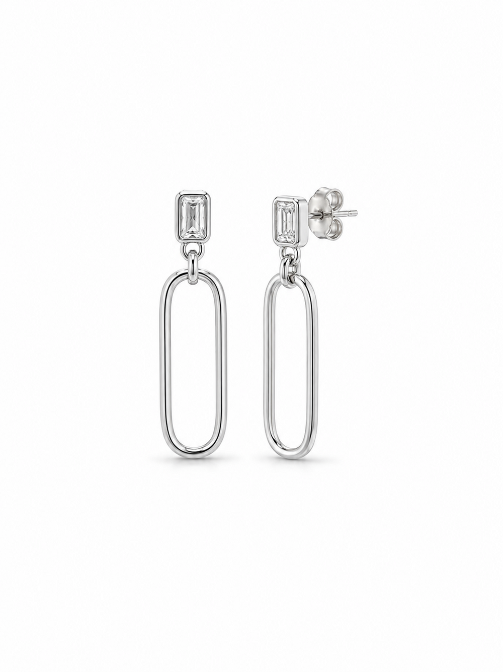 White gold long-link drop earrings with rectangular emerald-cut stone studs on a white background.