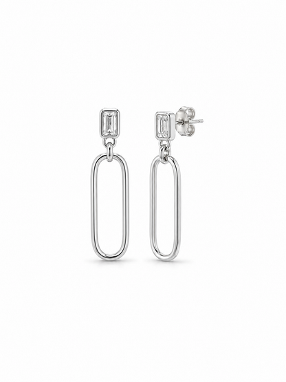 White gold long-link drop earrings with rectangular emerald-cut stone studs on a white background.