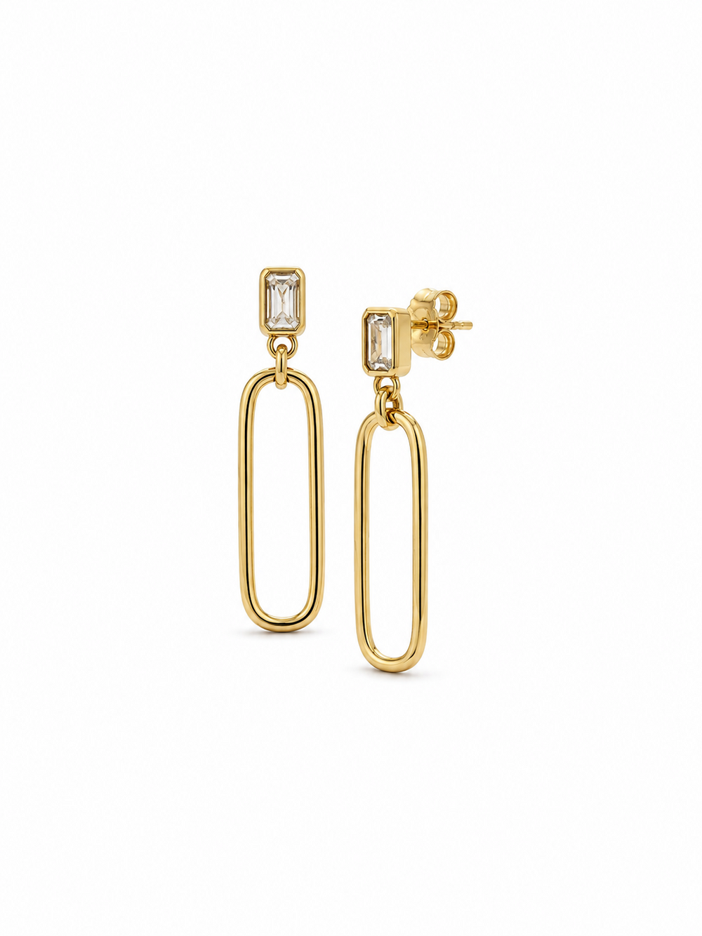Yellow gold long-link drop earrings with rectangular emerald-cut stone studs on a white background.