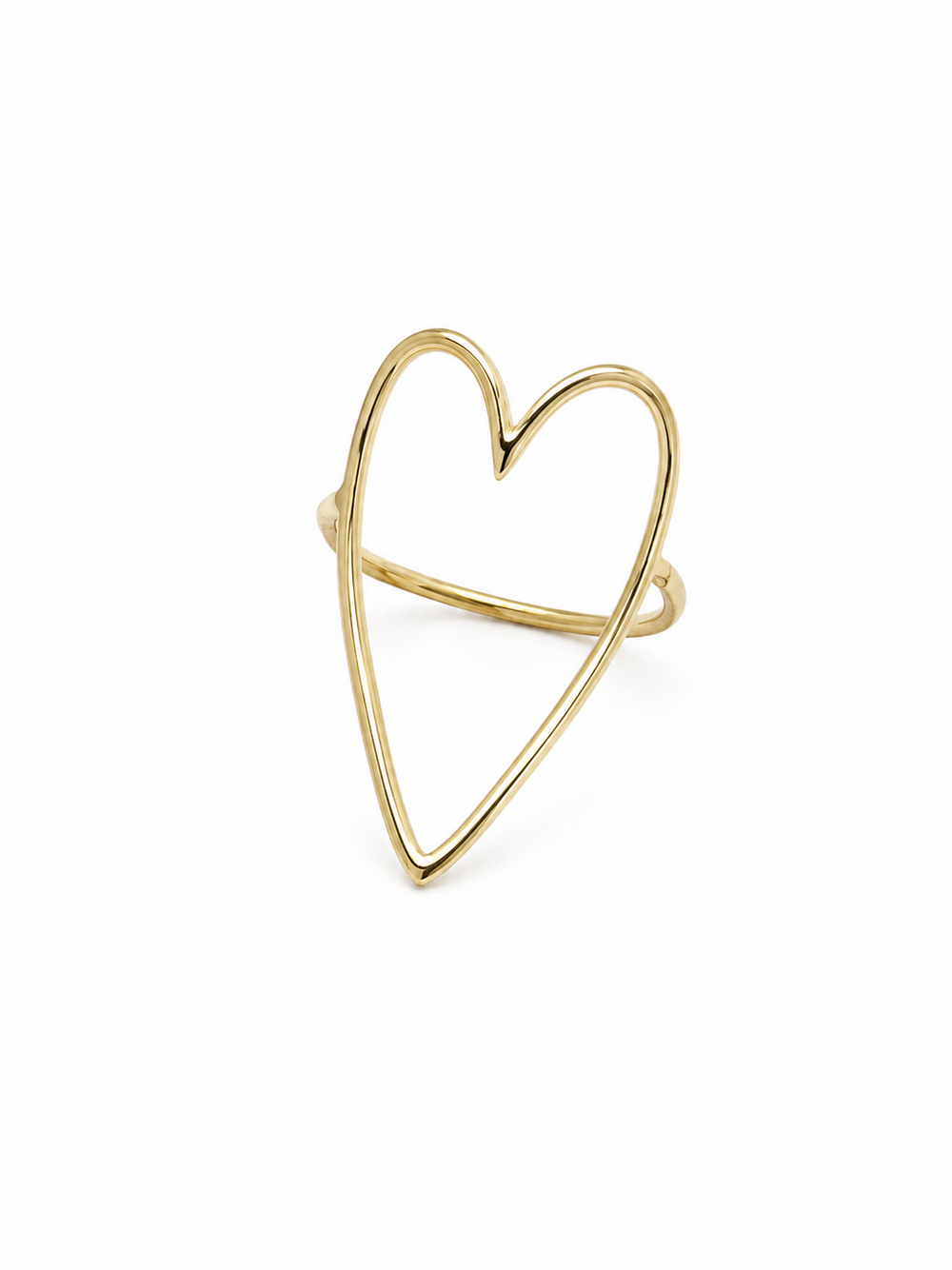 Freehand heart statement ring in polished yellow gold, front three-quarter product view on white.