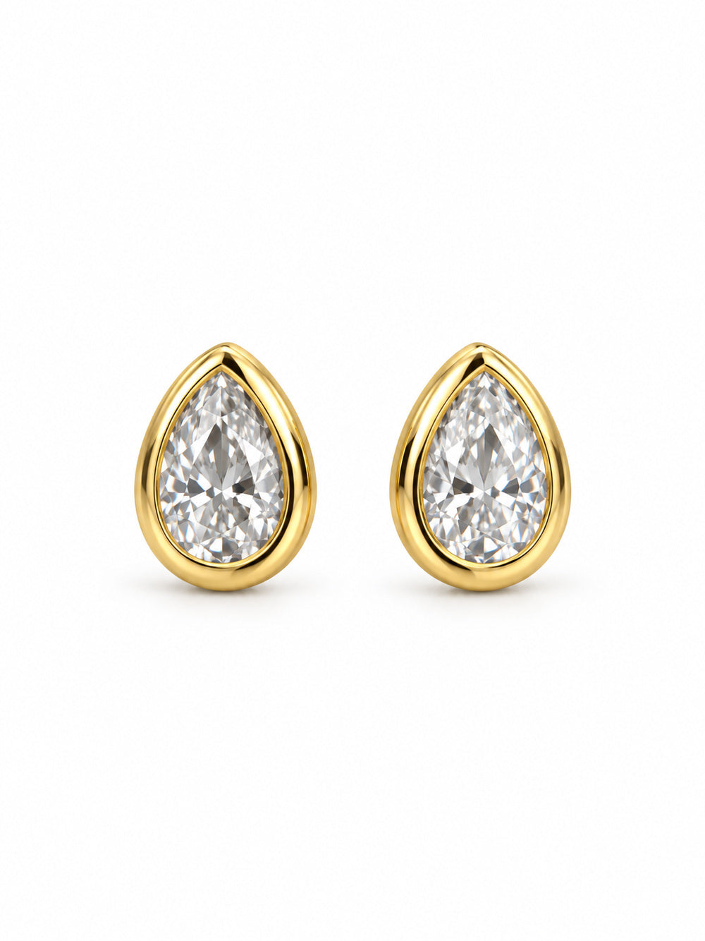 Golden Hour yellow-gold moissanite bezel stud earrings with 6 by 4 millimeter pear-shaped stones