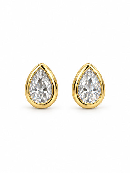 Golden Hour yellow-gold moissanite bezel stud earrings with 6 by 4 millimeter pear-shaped stones