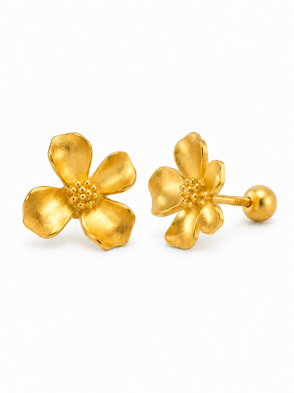 Large 10 mm handmade matte five-petal wildflower stud earrings showing front and threaded ball-back construction