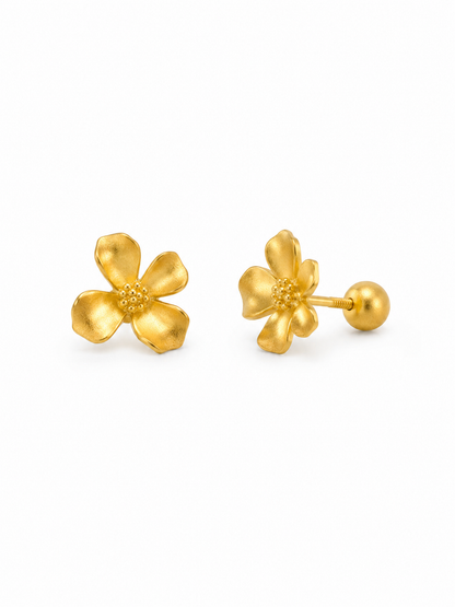 Petite 7 mm handmade matte five-petal wildflower stud earrings showing front and threaded ball-back construction
